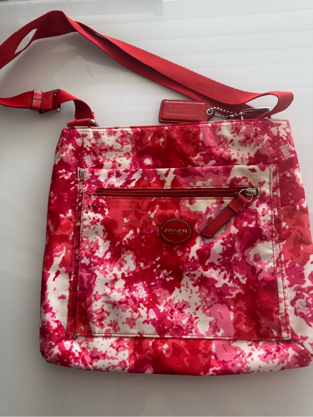 COACH Pink & Red Square Floral Crossbody Bag Summer Resort Artsy
